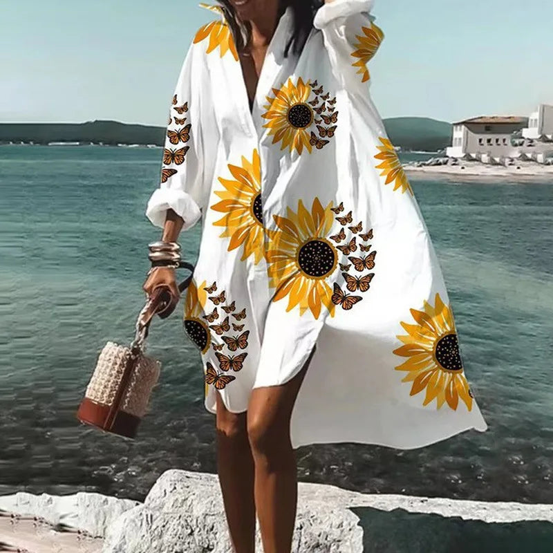Women's Printed Lapel Long Sleeve Shirt Dress