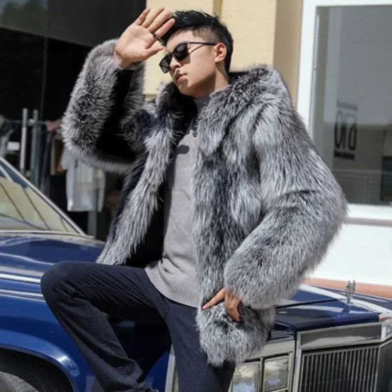 Men's Hooded Thick Faux Fox Fur Winter Parka Coat