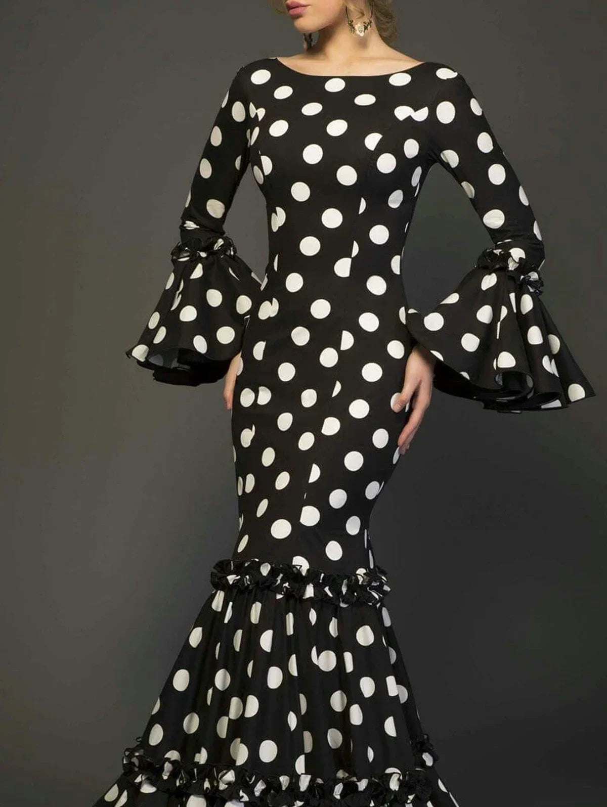 Women's Polka Dot Ruffle Hem Flare Sleeve Maxi Dress