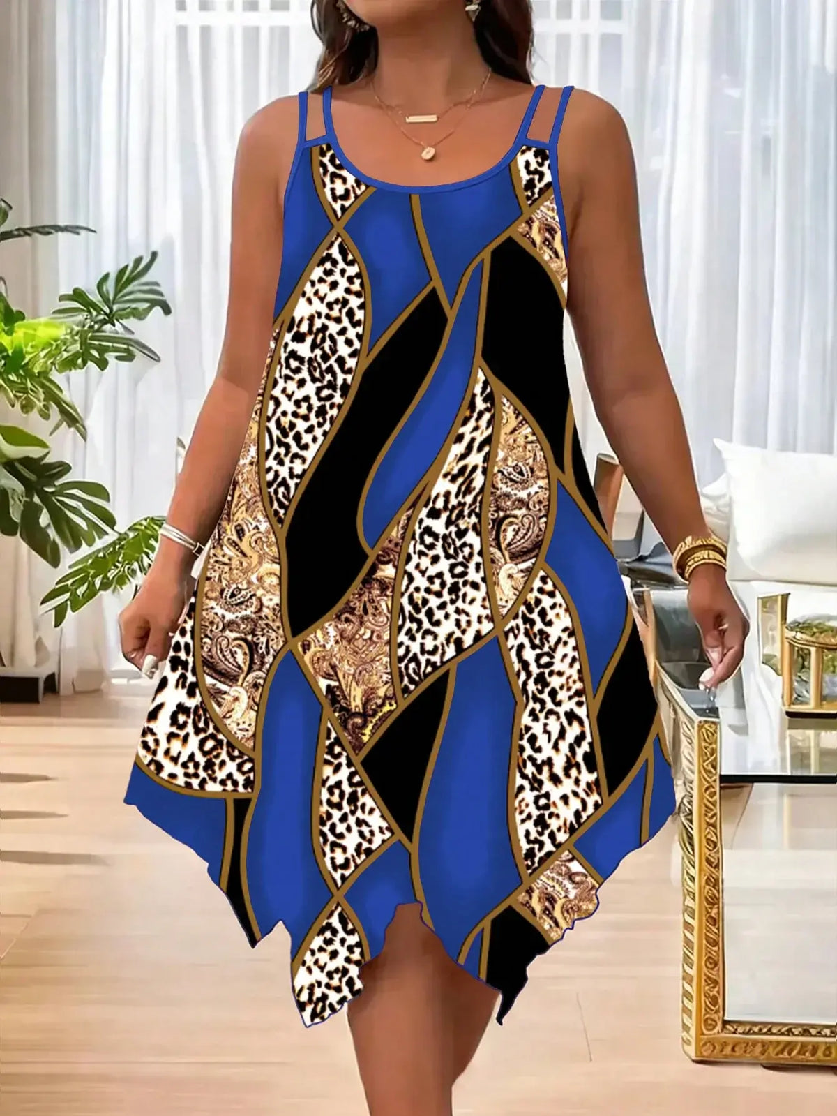 Women's Plus Size Asymmetrical Geometric Stripe Double-Strap Dress