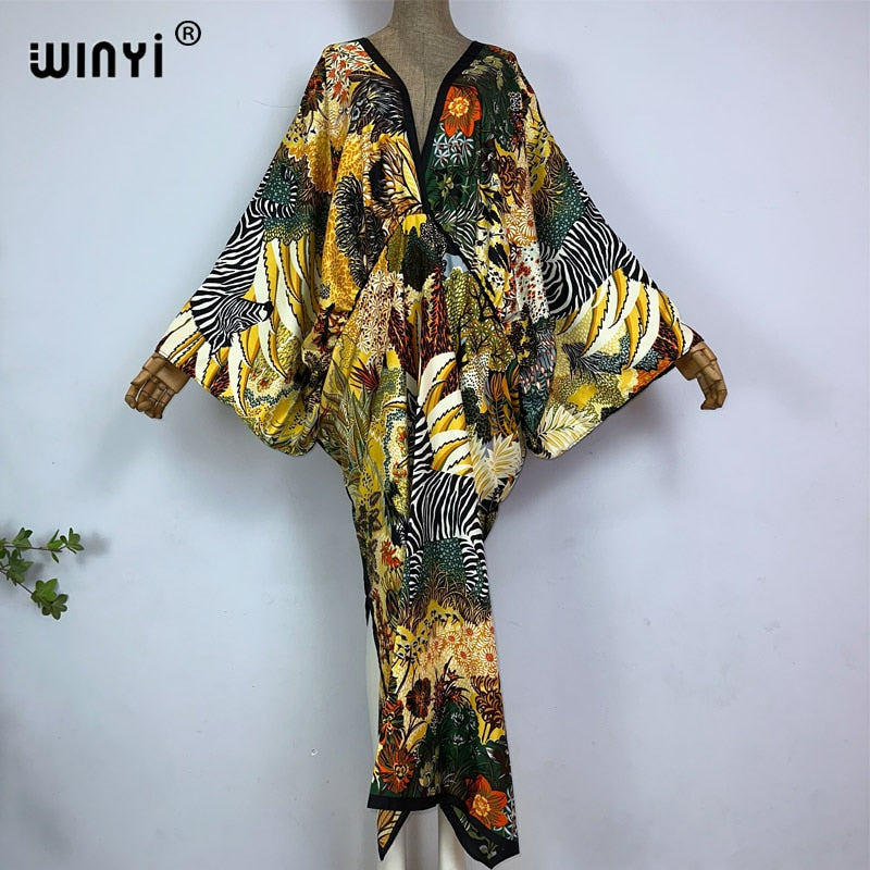 Women's Silk Rayon Print Bohemian V-Neck Beach Maxi Dress