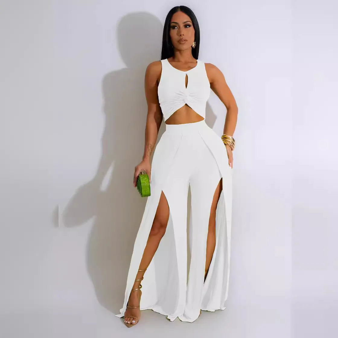Women's Sleeveless Top and Split Wide-Leg Pants Two-Piece Set