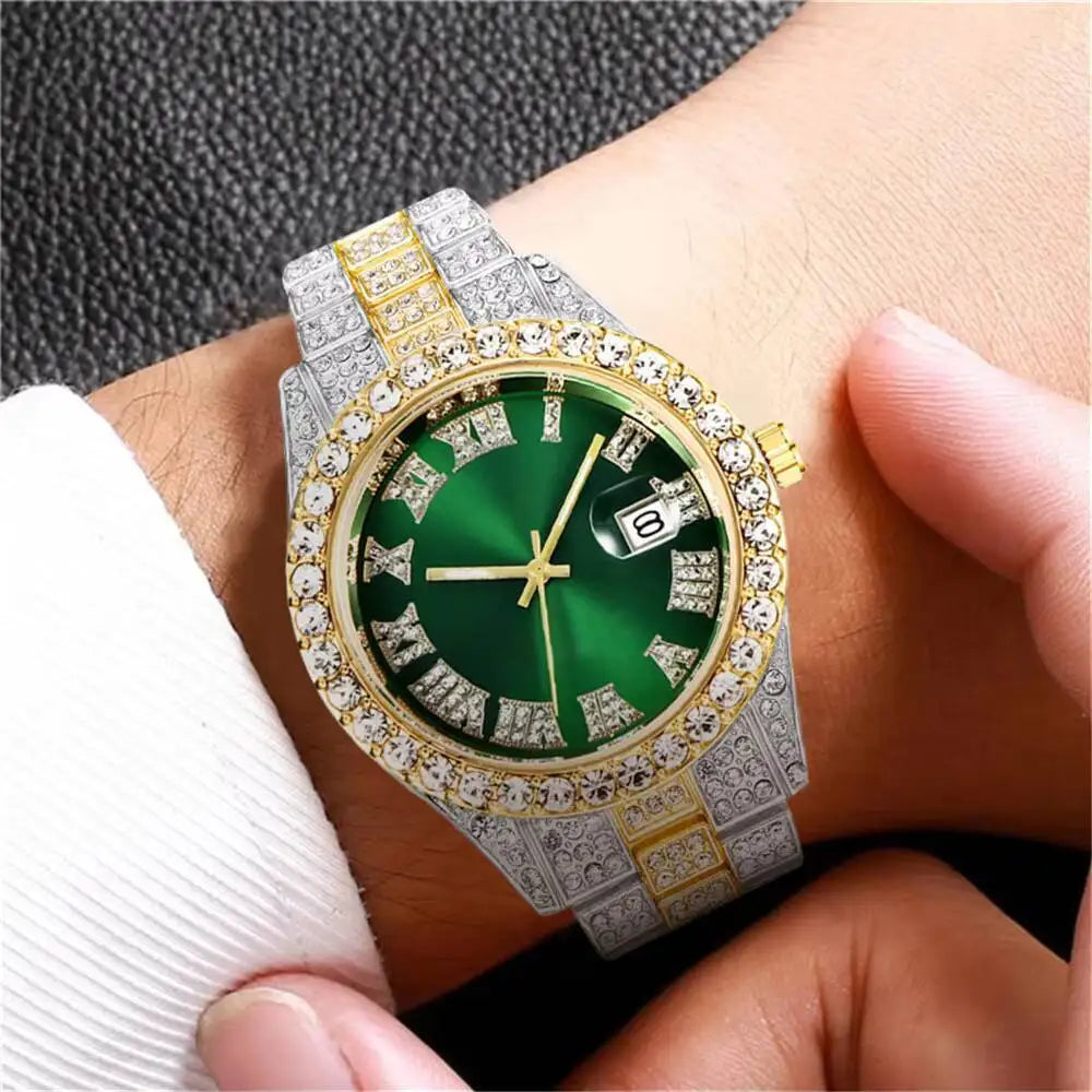 Men's Full Diamond Stainless Steel Quartz Calendar Wristwatch