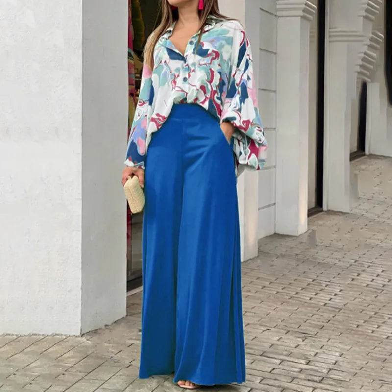 Women's Printed Shirt and Solid Pants Two-Piece Set