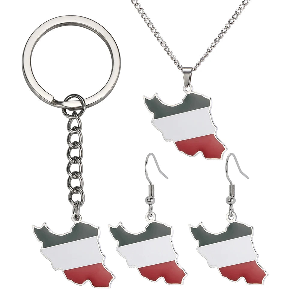 Women's Iran Map Zircon Necklace Earrings Keychain Set