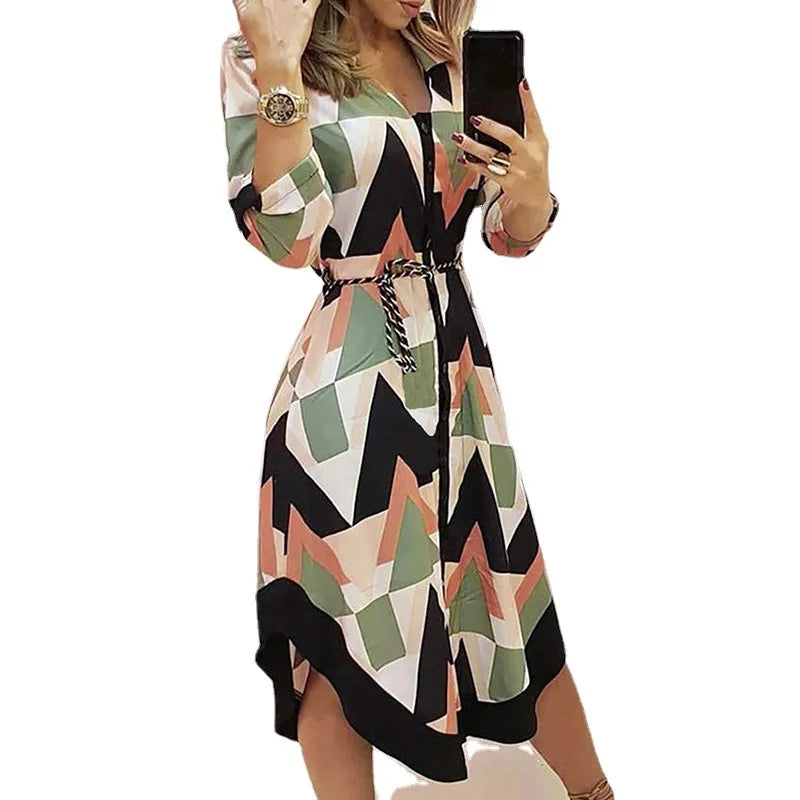 Women's Autumn Print V-Neck Lace-Up Long Sleeve Slim Midi Dress