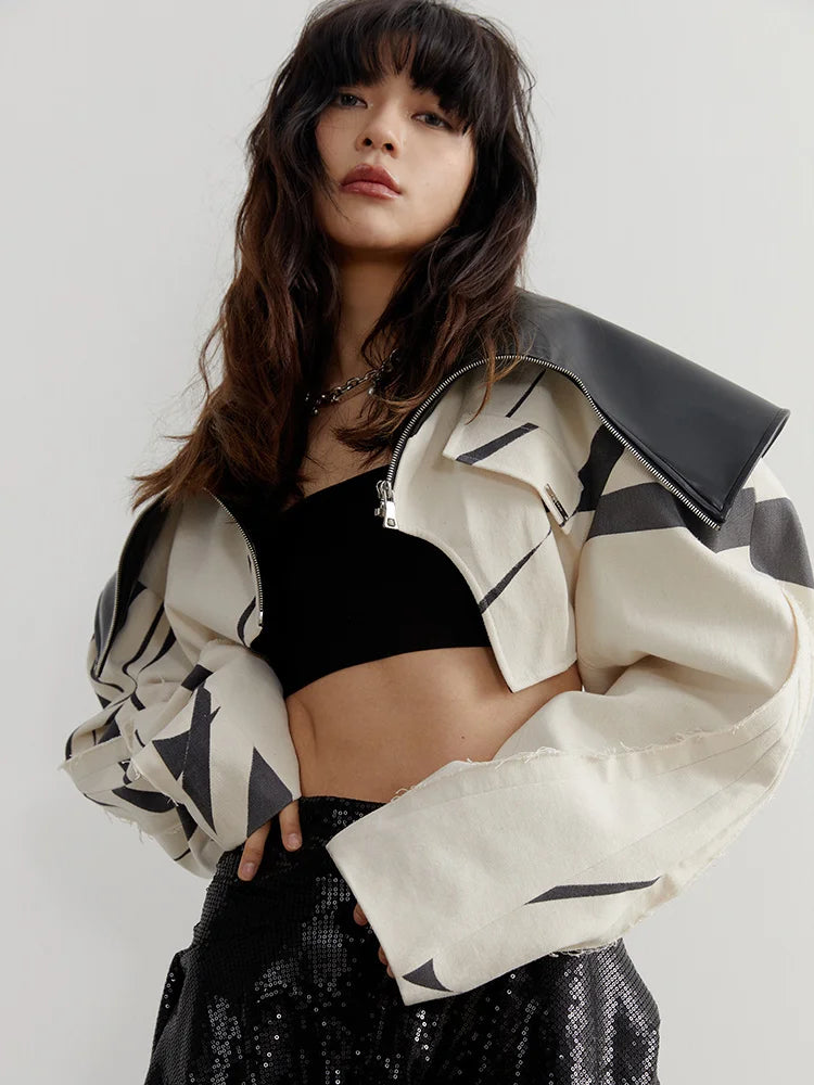 Women's Contrast Lapel Zipper Short Jacket Coat