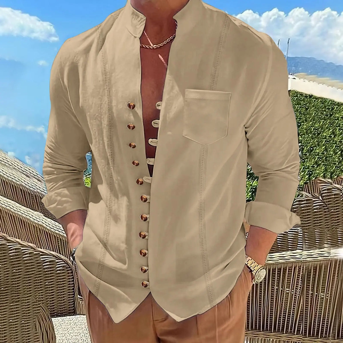 Men's Cotton Linen Stand Collar Long-Sleeve Striped Cardigan Shirt