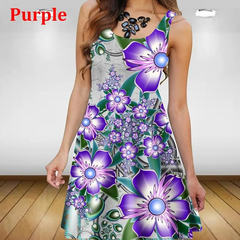 Women's Floral 3D-Print Sleeveless A-Line Summer Sundress