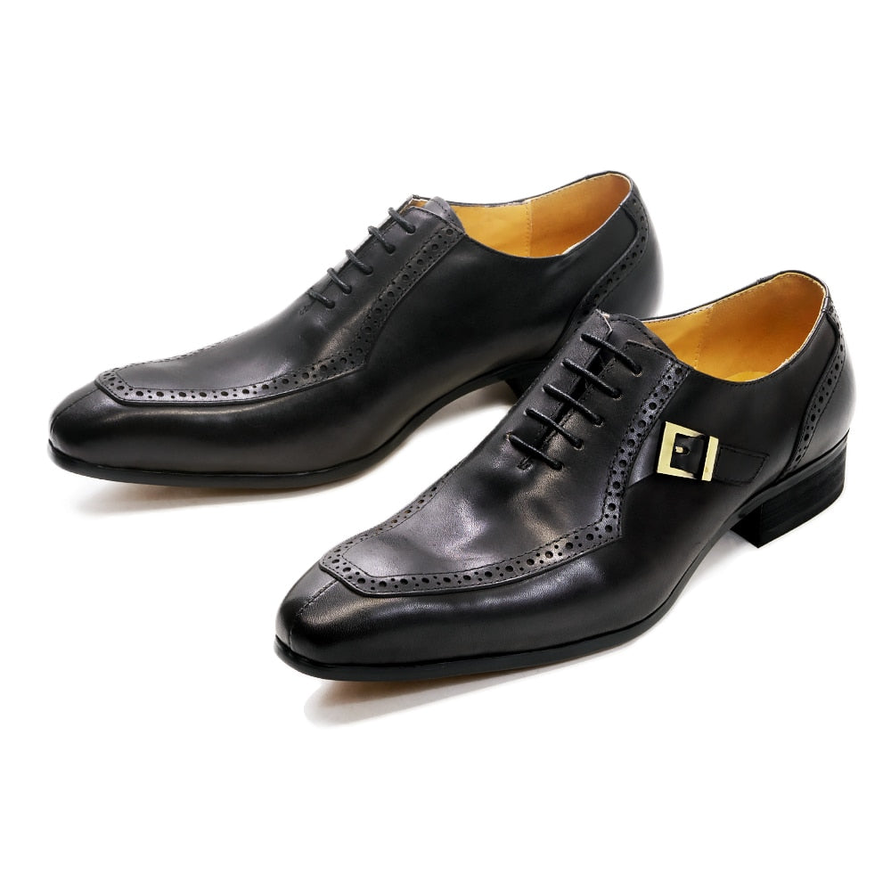 Men's Brown Black Leather Lace-Up Buckle Pointed Oxford Dress Shoes
