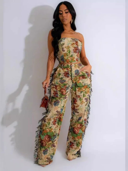 Women's Print Strapless Top and Tassel Wide-Leg Two-Piece
