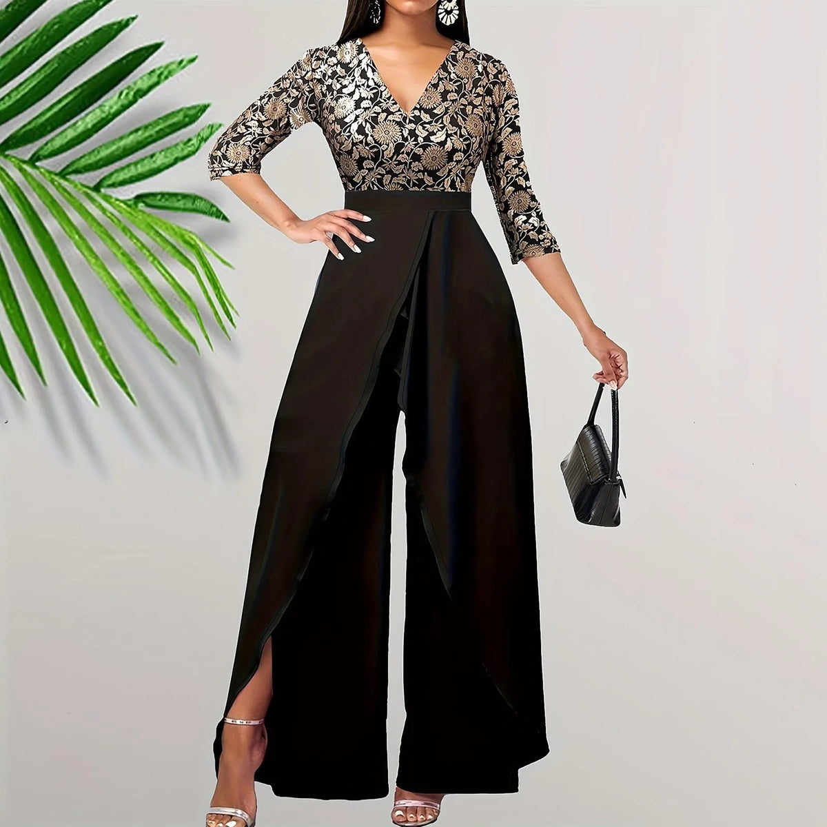 Women's Printed High-Waist Three-Quarter Sleeve Slit Jumpsuit
