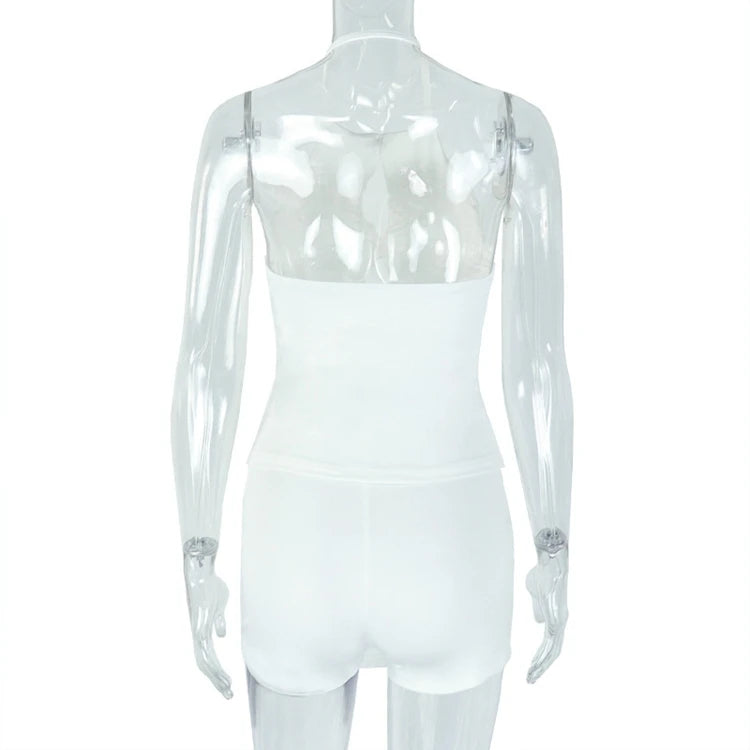 Women's White Hollow Halter Backless Top and Irregular Mini Skirt Set