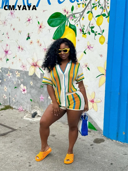 Women's Striped Knit Shirt and Shorts Two-Piece Set