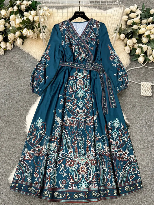 Women's Vintage Print V-Neck Belted Long-Sleeve Holiday Dress