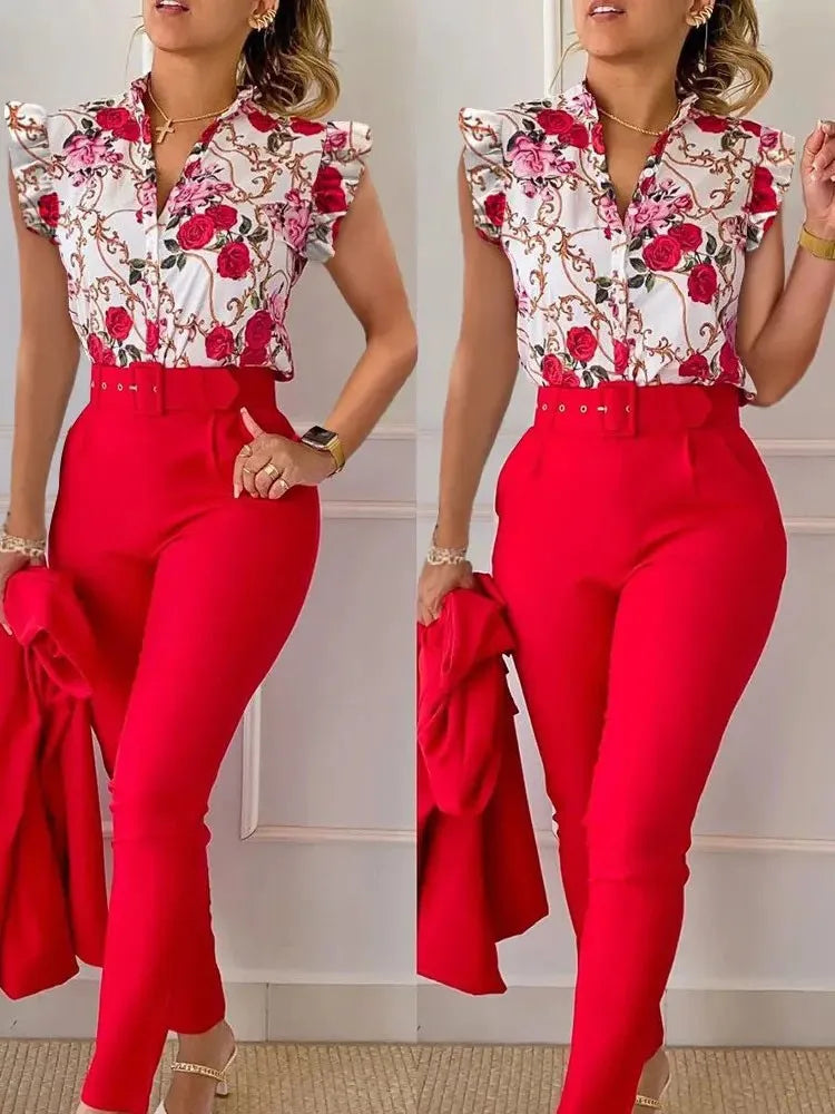 Women's Printed Sleeveless Shirt and Belted Pants Office Set