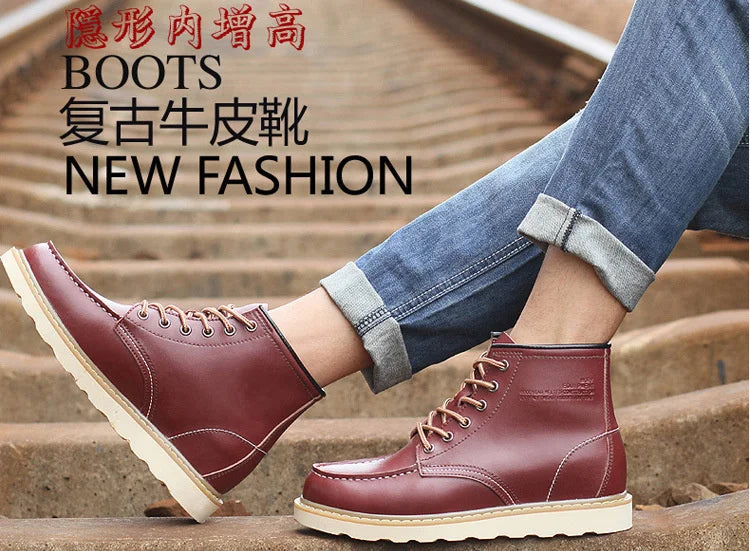 Men's Hidden Heel Elevator Leather Height Boots 6-10CM