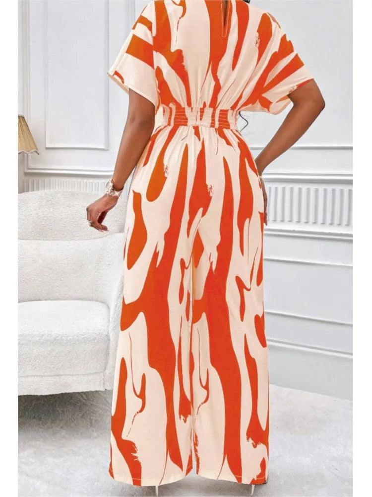 Women's V-Neck Short-Sleeve Printed Wide-Leg Jumpsuit