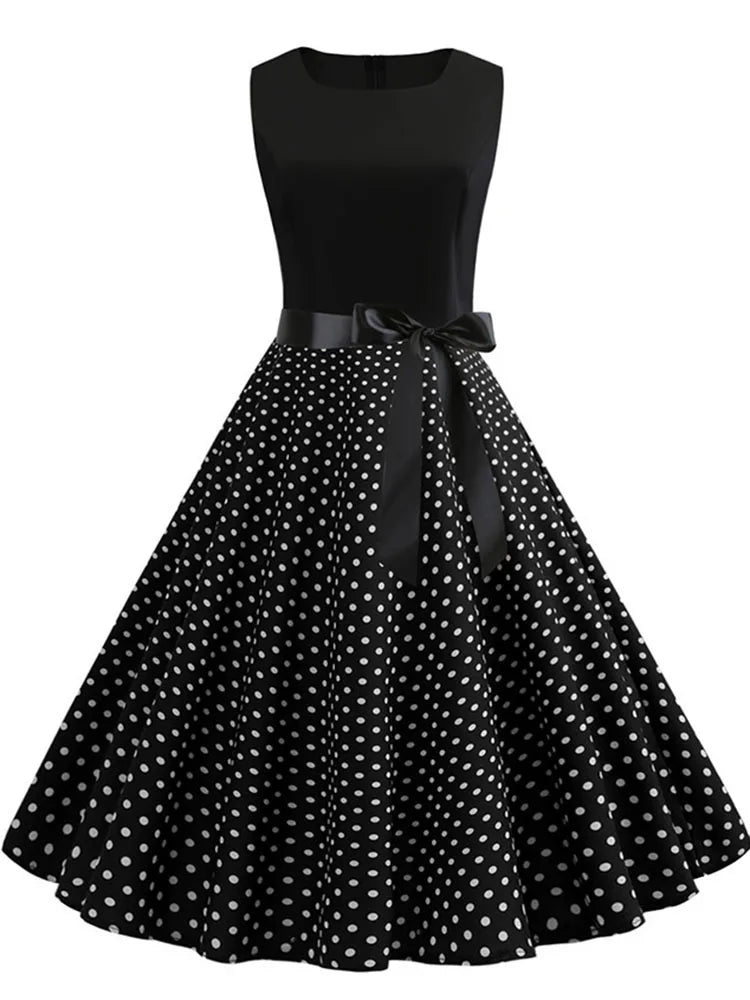 Black White Polka Dot Summer Dress Women Sleeveless Vintage 50s 60s Party Office Dresses