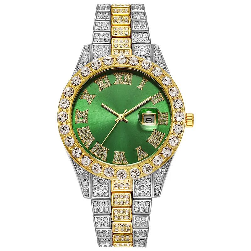 Men's Gold Stainless Steel Iced Rhinestone Calendar Hip Hop Watch