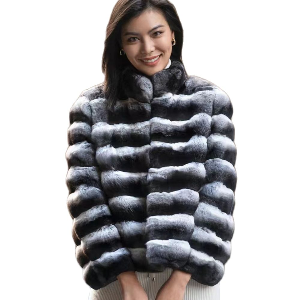 Women's Rex Rabbit Fur Chinchilla Stripe Winter Coat