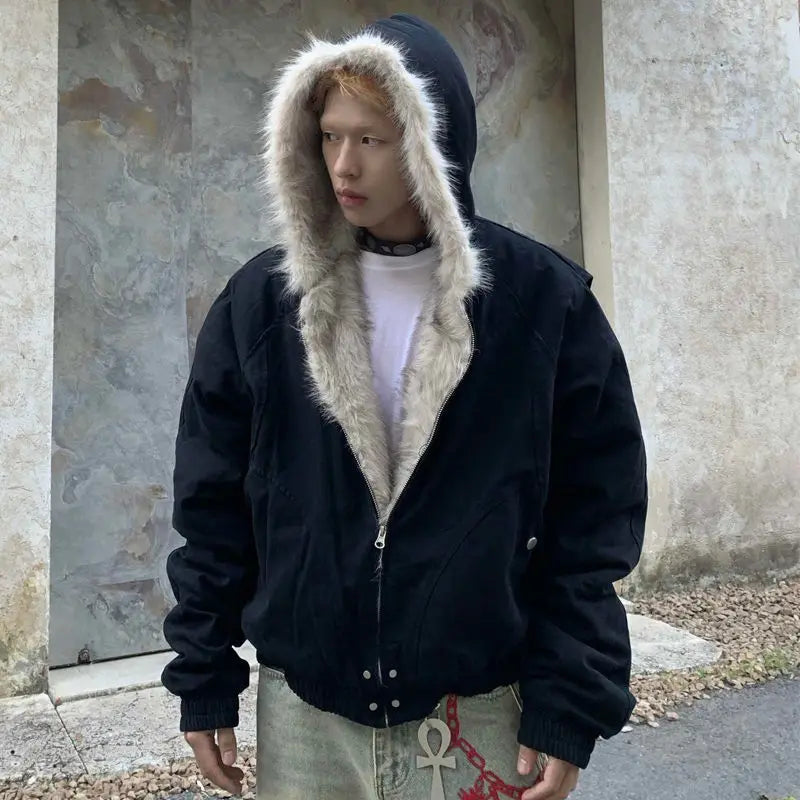 Men's Wool Collar Hooded Winter Cotton Jacket