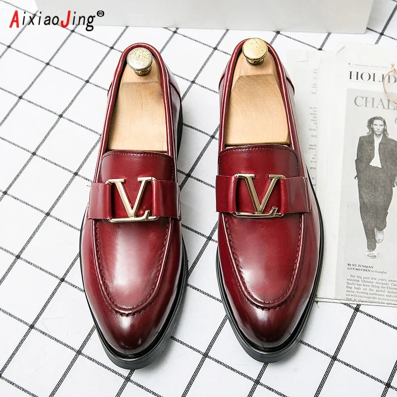 Men's Pointed Toe Leather Buckle Dress Loafers