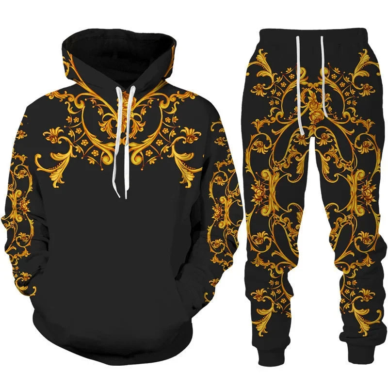 Men's Baroque Golden Flower 3D Print Hoodie and Trousers Set