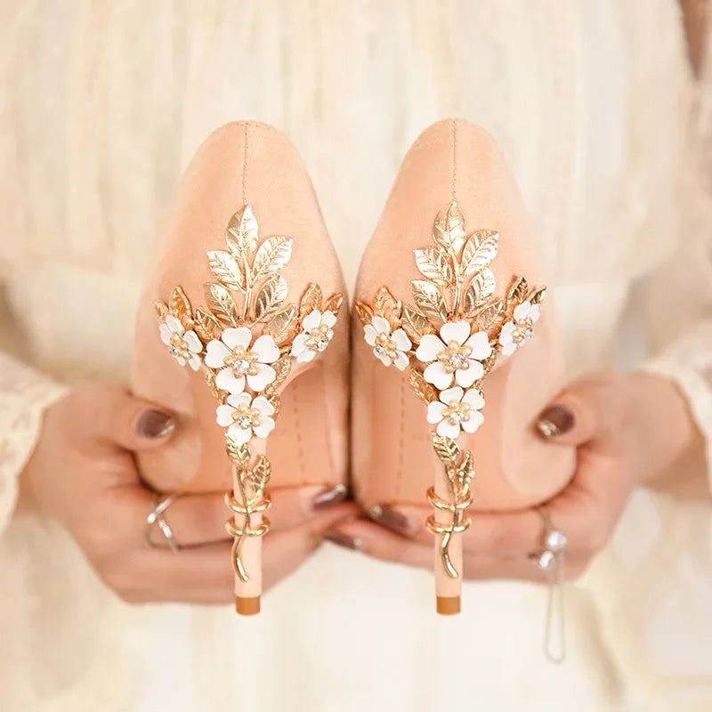Women's Metal Flower Pointed High Heel Banquet Heels