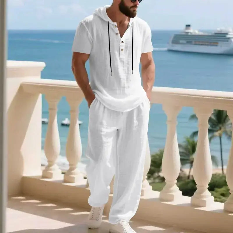 Men's Summer Linen Short Sleeve Hoodie and Loose Pants Set