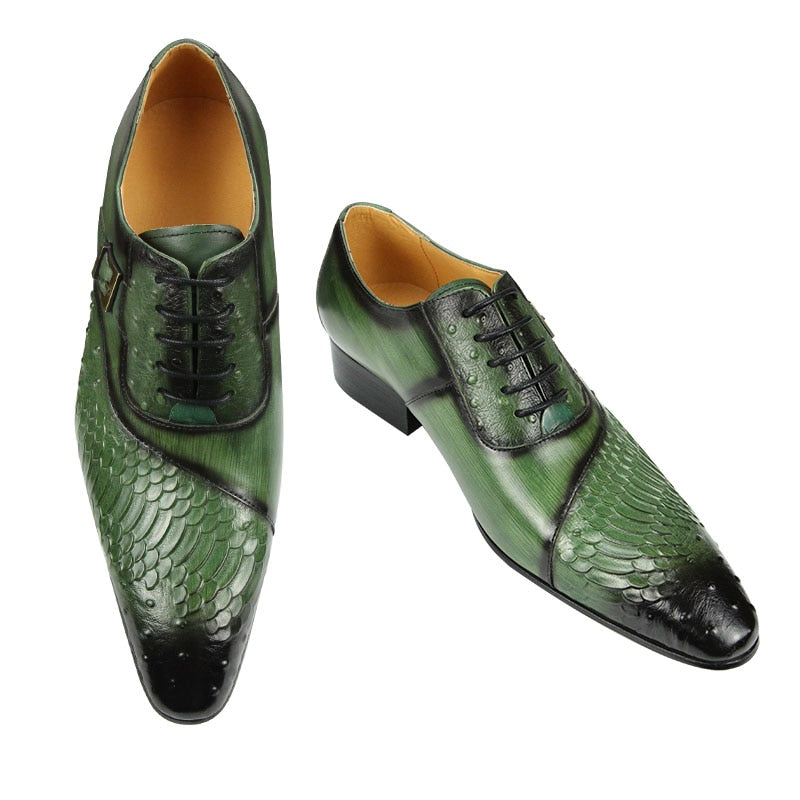 Men's British Carved Green Black Pointed Toe Lace-Up Oxford Shoes