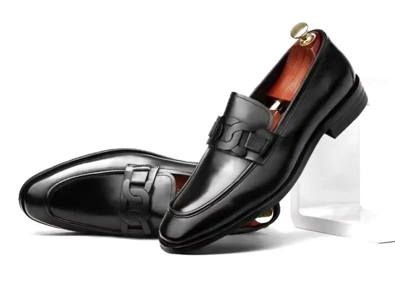 Men's Metal Buckle Genuine Leather Slip-On Wedding Dress Shoes
