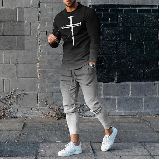 Men's 3D Print Long Sleeve T-Shirt and Jogging Pants Tracksuit