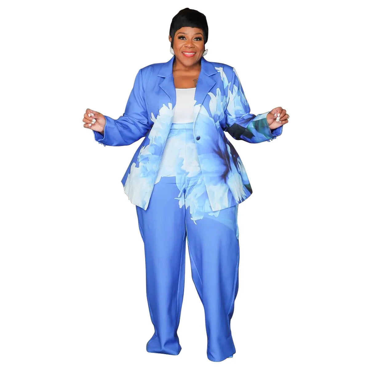 Women's Plus Floral Print Blazer and Wide-Leg Pants Set
