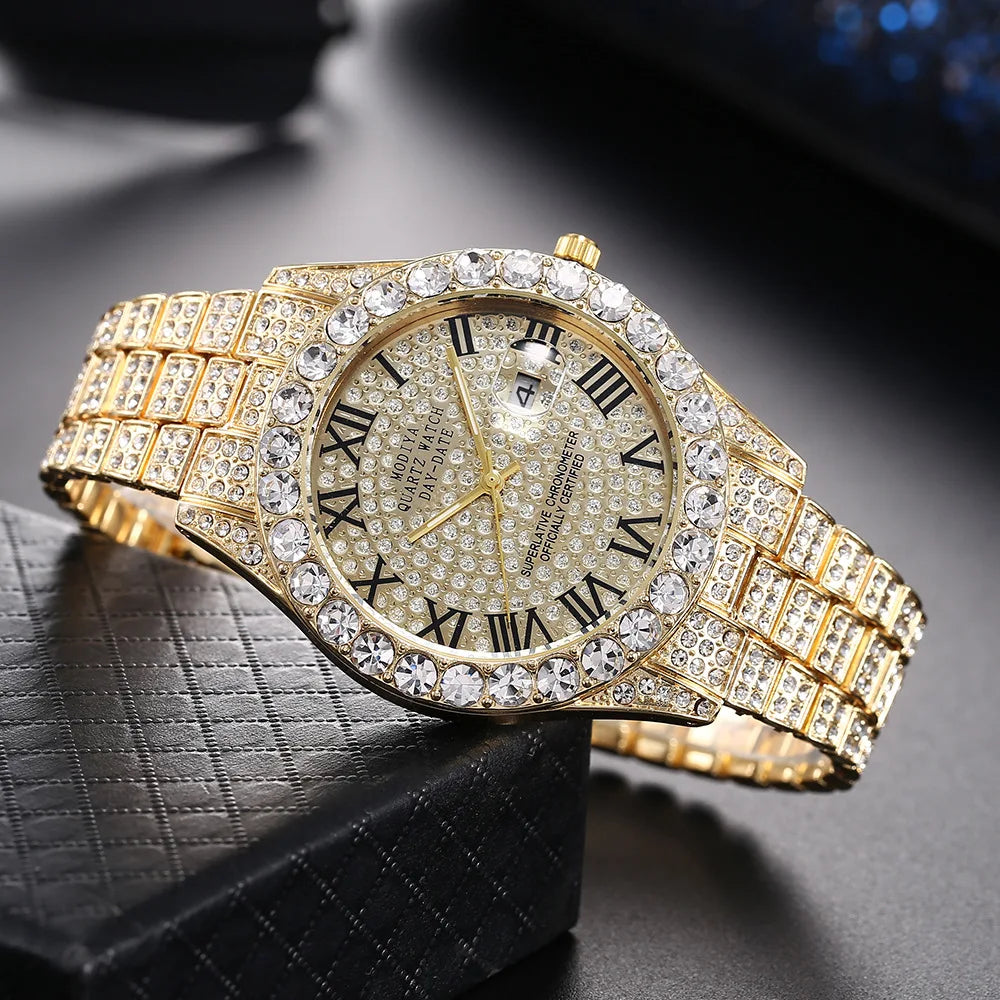 Men's Gold Steel Strap Roman Rhinestone Calendar Quartz Watch