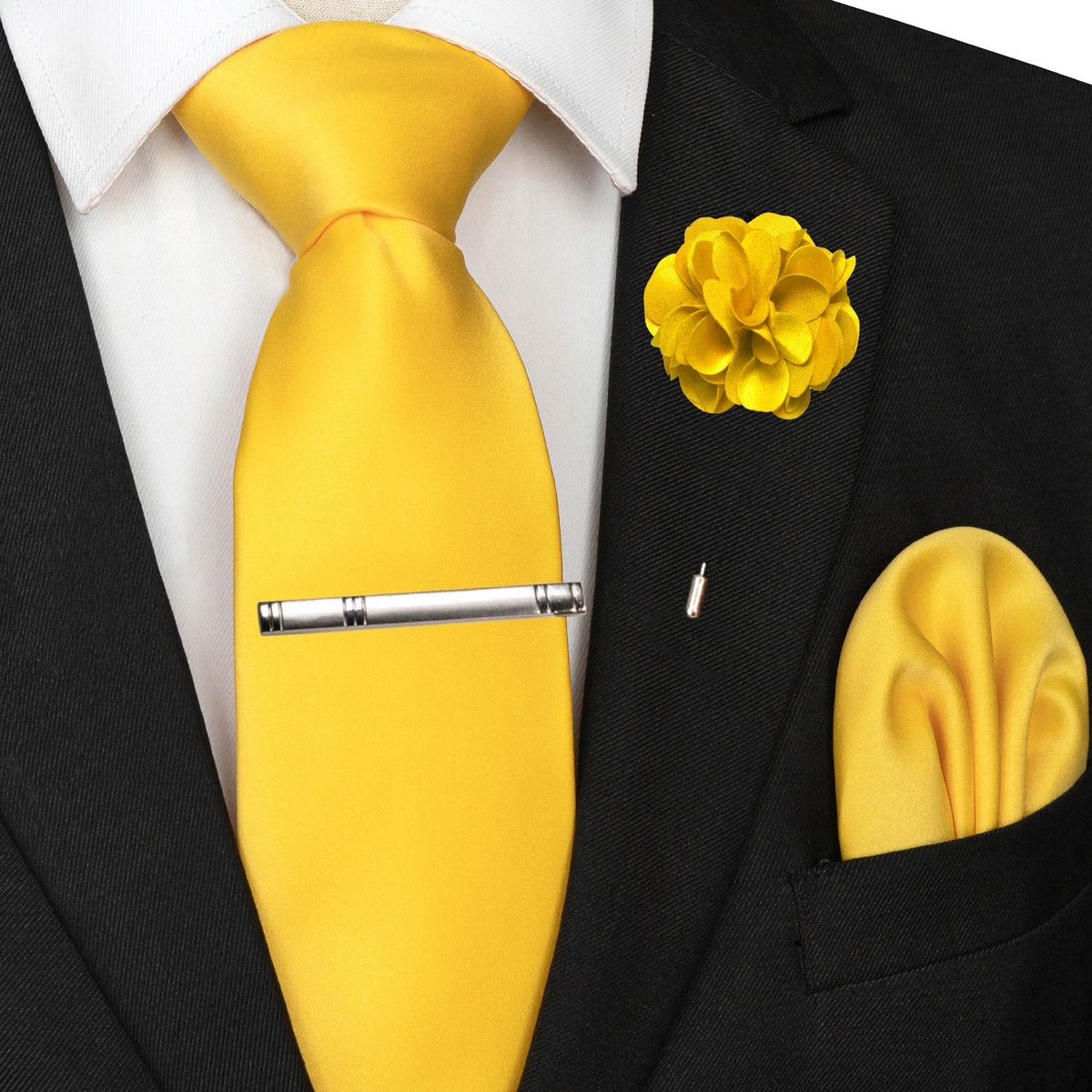 Men's Solid Color Tie Set with Lapel Pin and Pocket Square
