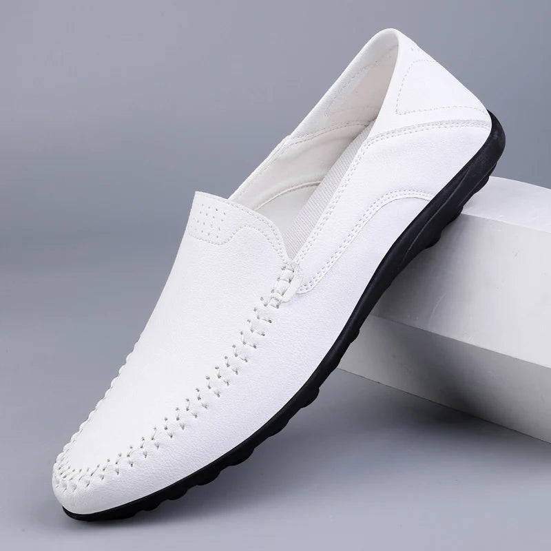 Men's white Italian soft leather slip-on moccasin boat loafers