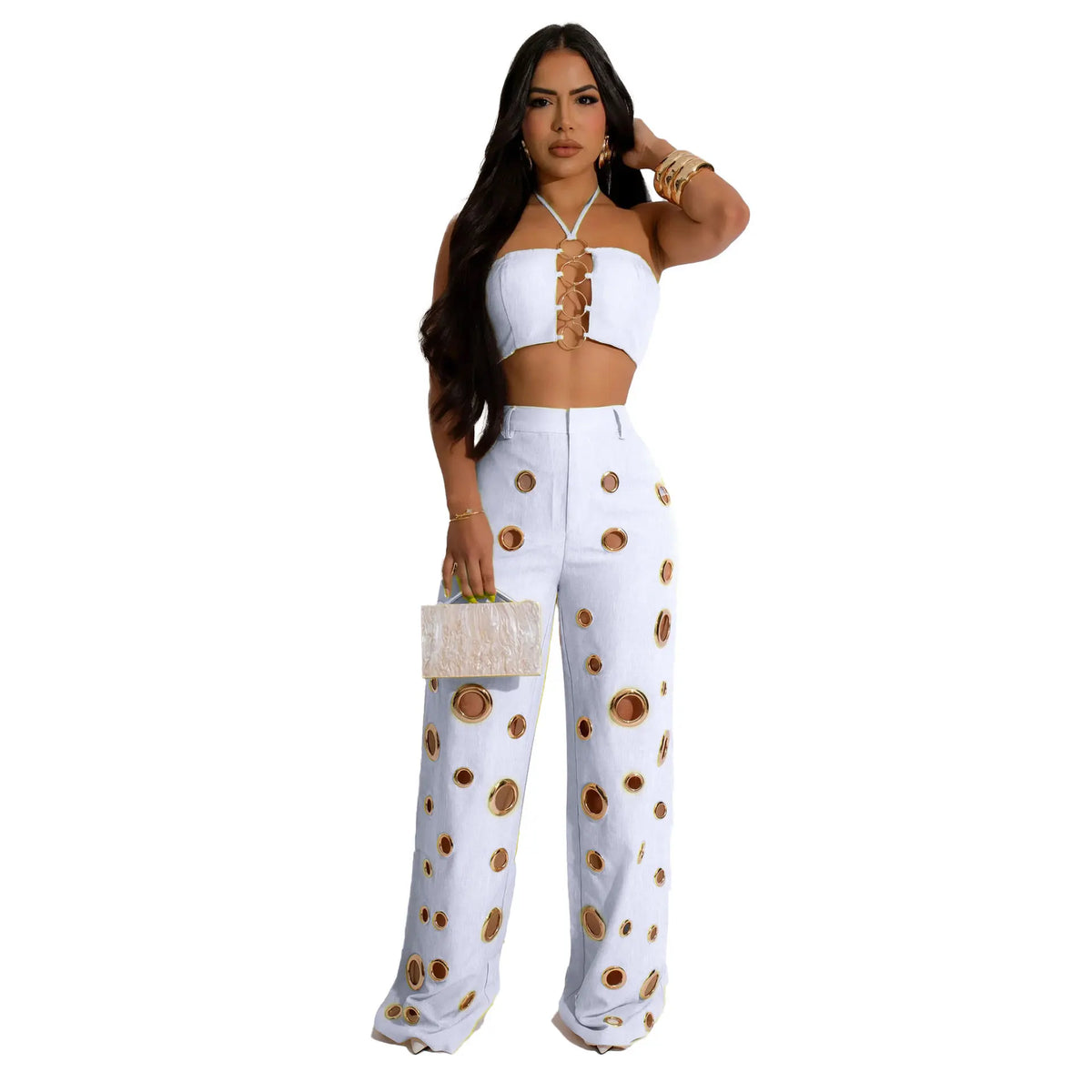 Women's Sequined Halter Top and Wide Leg Pants Set