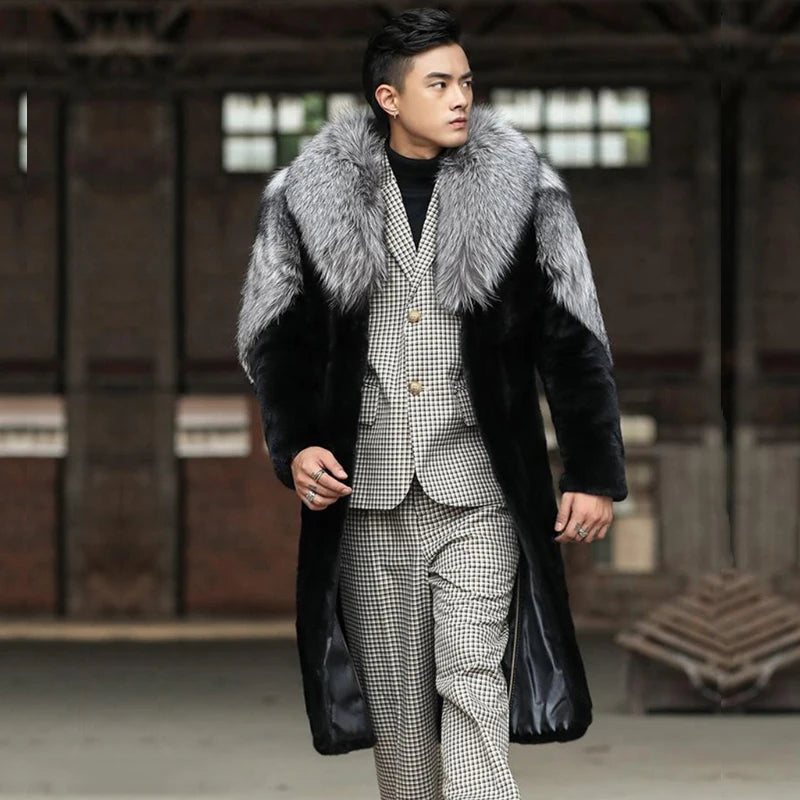 Men's Winter Silver Fox Fur-Collar Coat, Long Thick Warm Windbreaker