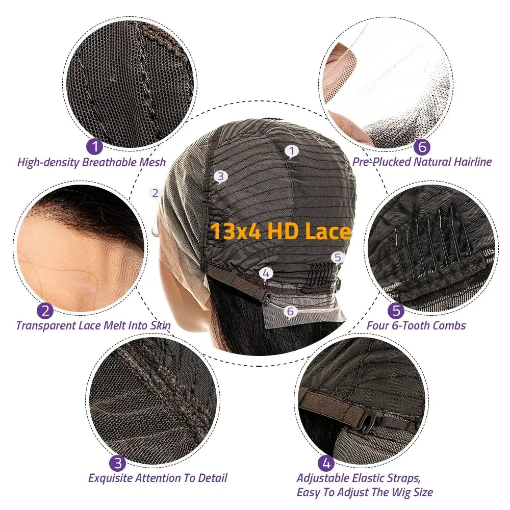 13x4 HD Lace features including breathable mesh, pre-plucked hairline, and adjustable straps for 36 Inch Chocolate Brown Body Wave HD Lace Front Human Hair Wig.
