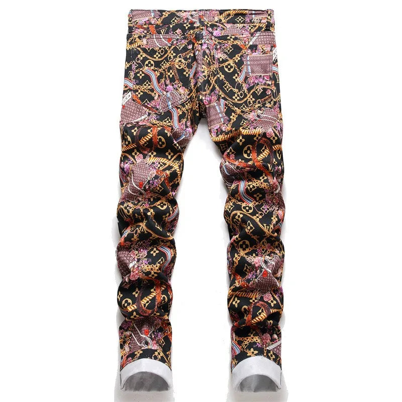 Men's Slim Fit Full Print Colorful Street Denim Jeans