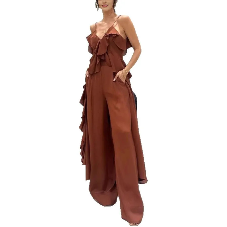 Women's Chiffon V-Neck Ruffle Top and Straight Pants Set