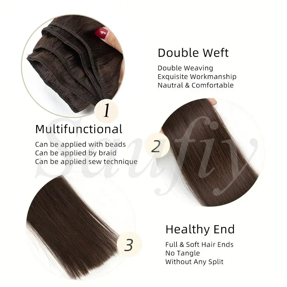 Highlights Brown Hair Weft Extensions Human Hair Weaves Bundles Sewing In Weft Extensions Natural Black Blonde Brown Double Drawn Human Hair Weft for Women 50g/Pack features.