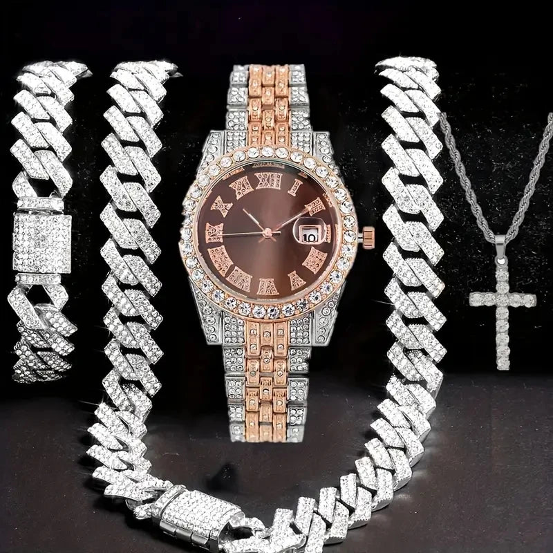 Men's Bling Quartz Watch and Cuban Chain Necklace Set