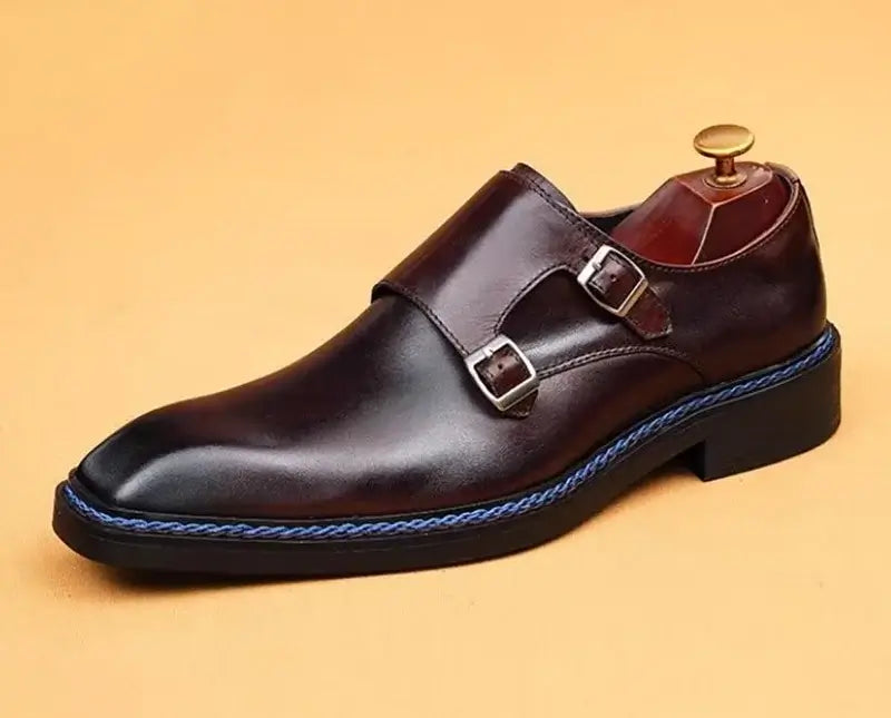 Men's Cowhide Square Toe Double Monk Strap Dress Shoes