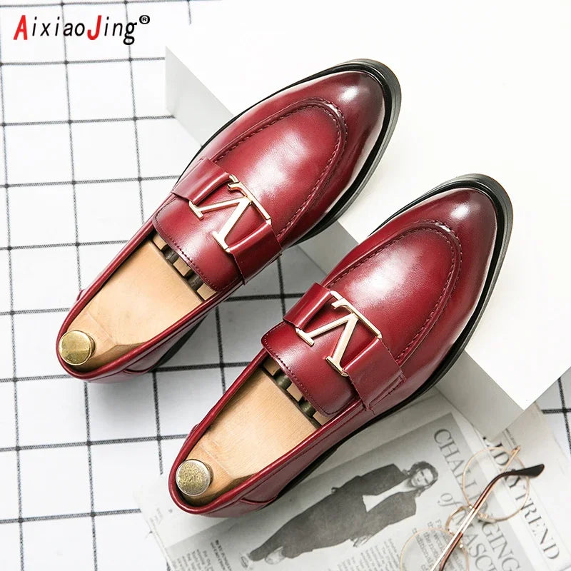 Men's Pointed Toe Leather Buckle Dress Loafers