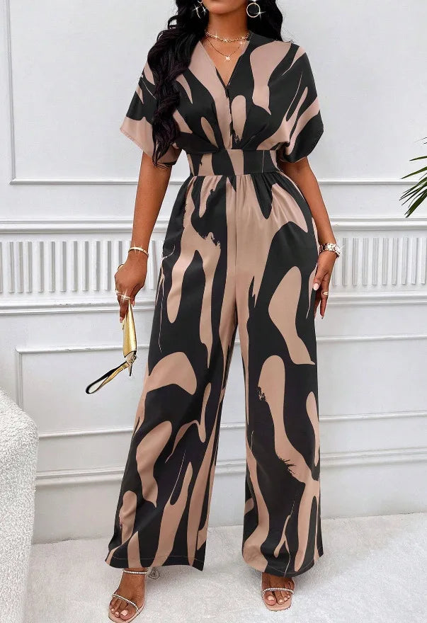 Women's V-Neck Short-Sleeve Printed Wide-Leg Jumpsuit
