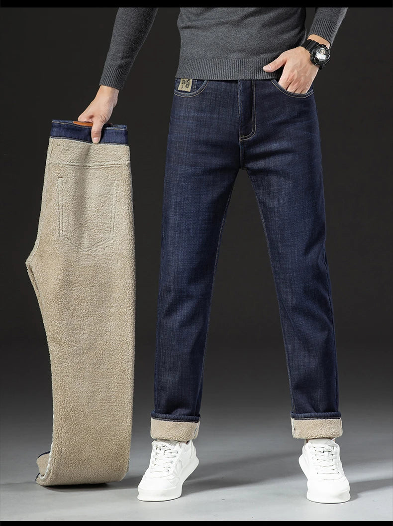Men's Winter Fleece-Lined Lamb Denim Straight Stretch Jeans, Size 40
