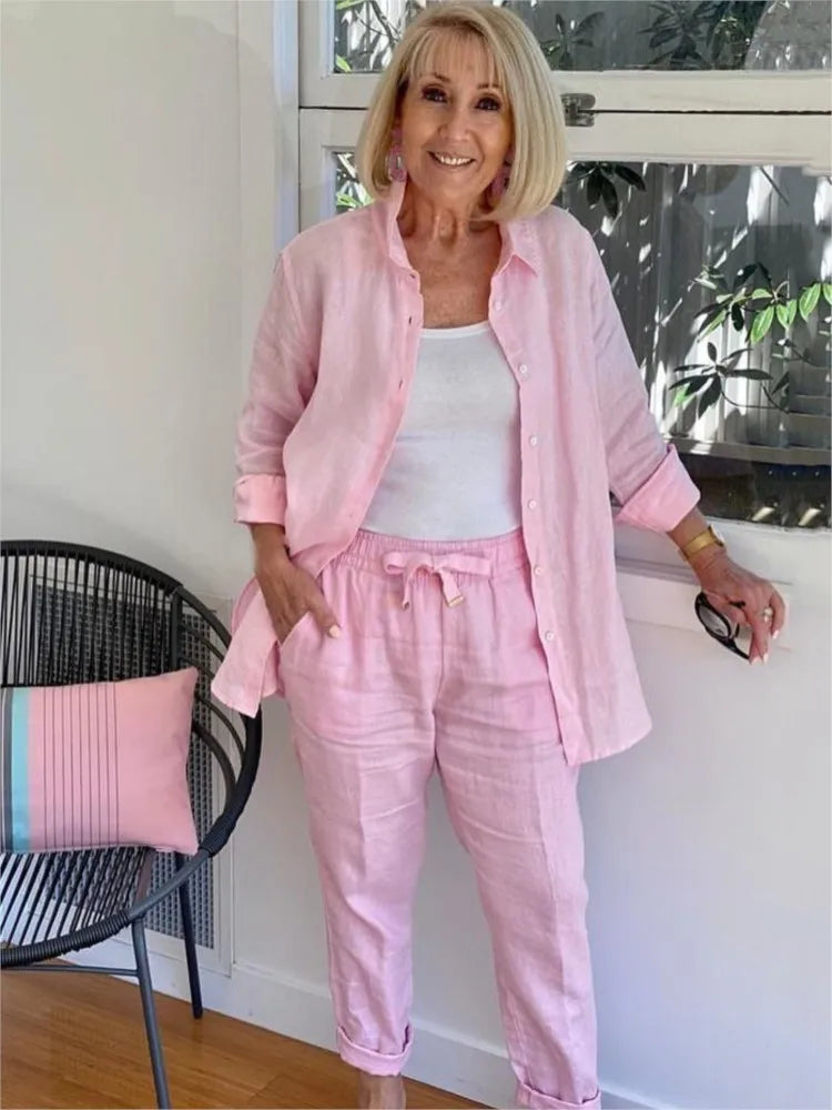 Women's Cotton Linen Shirt and Pants 2-Piece Set