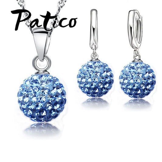 Women's 925 Silver Crystal Disco Ball Necklace Earring Set